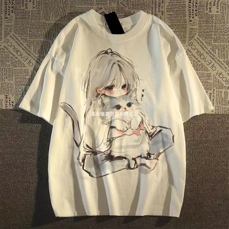 Summer Cotton Japanese Retro Cat Girl Print Short-Sleeve T-Shirt Unisex Loose Summer High Street Age-Reducing Top