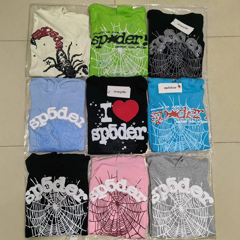 European and American Trendy Brand Overseas Version Heavyweight Hoodie Trendy Couple Spider Web Sp5Der Fleece Sweatshirt in Stock Wholesale