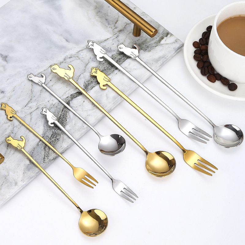 Kaffeske med katdesign i rustfrit stål til dessert_voghion.com