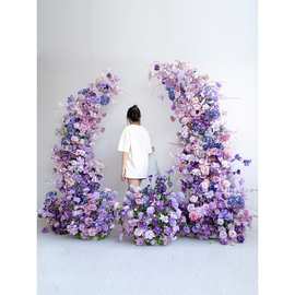 新款紫色系婚礼装饰牛角拱门花艺 生日派对酒店背景布置仿真假花