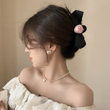 夏季新款纯欲粉色系玫瑰发夹法式蝴蝶结顶夹发卡后脑勺夹子发圈