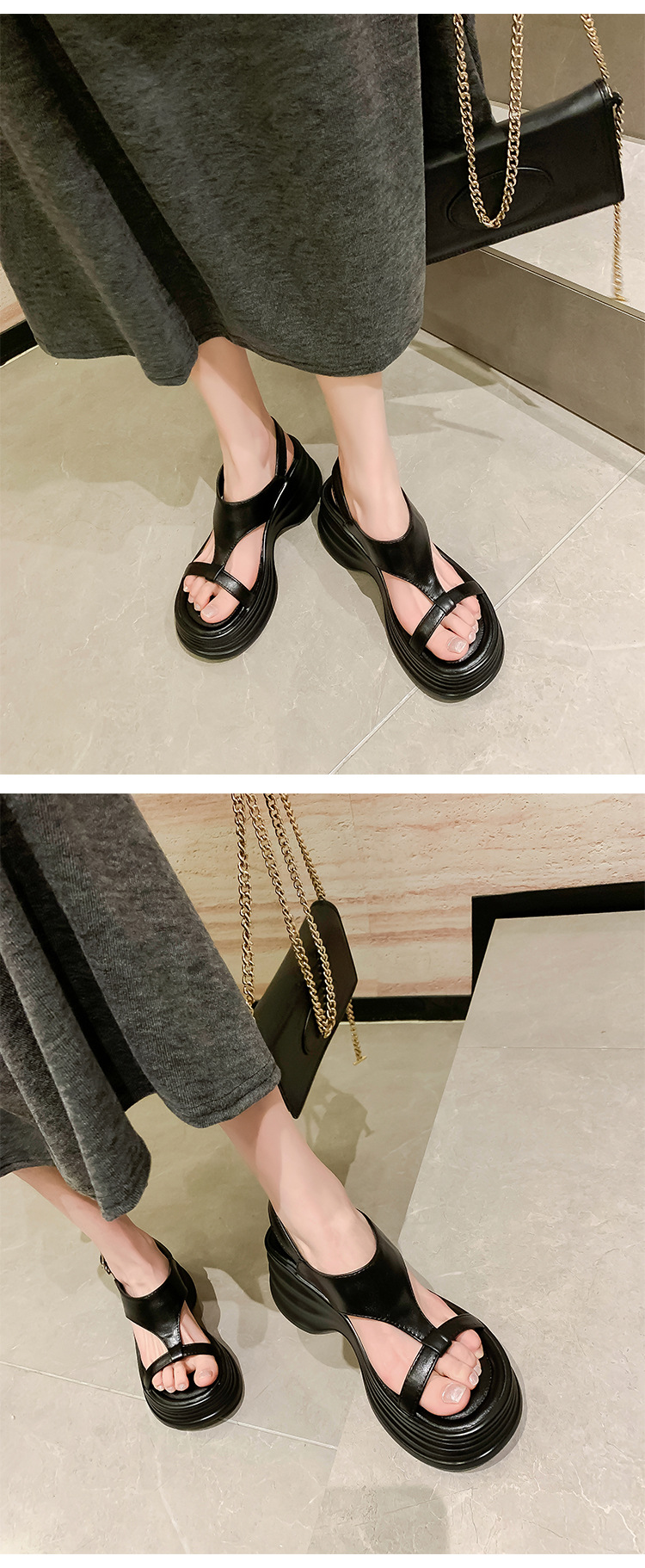 Sandal cao gót nữ hở mũi phong cách biker, đế dày 8cm, kiểu ống bọc La Mã — đen, Màu trắng nhạt chi tiết 19