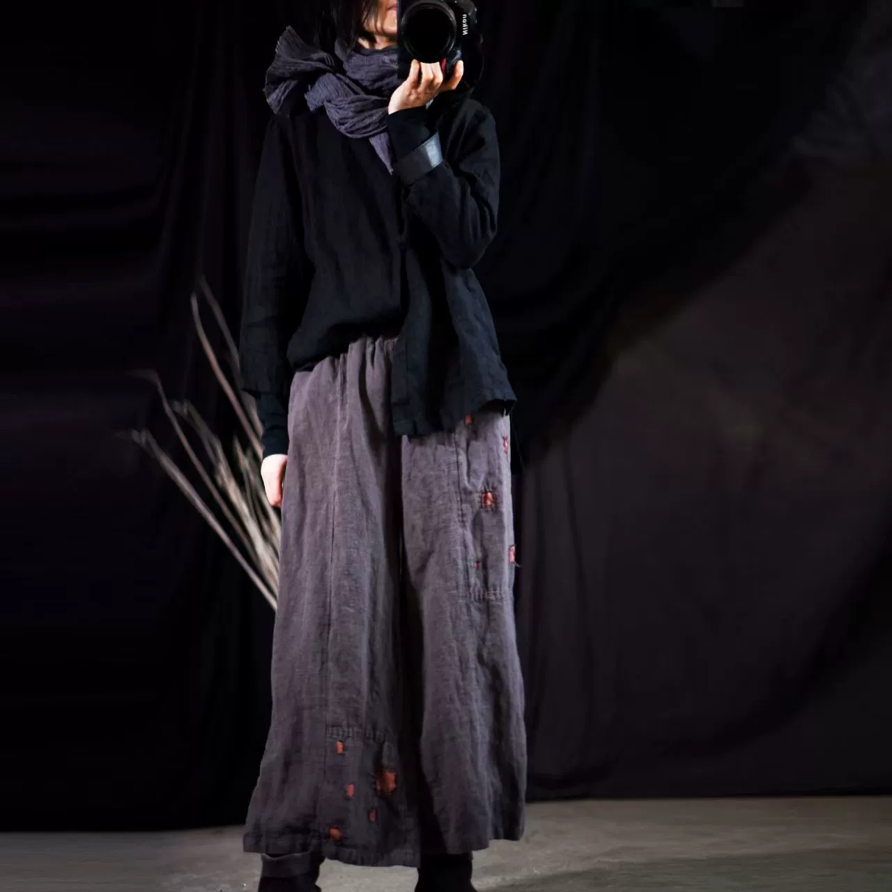 Льняные брюки-палаццо 21/2, трикотажные, весенне-осенние, повседневные, свободные, с заплатками, широкие штанины (девять точек)