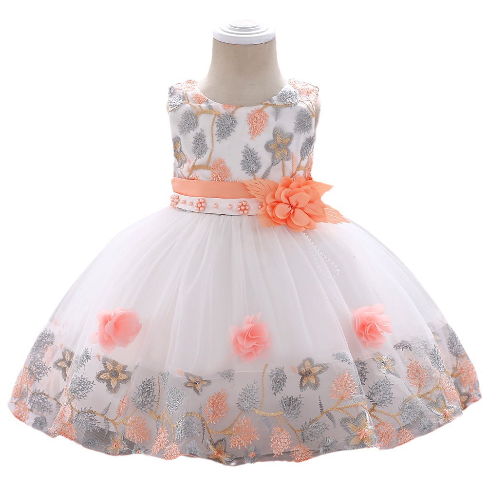 Cross-border New Children's Princess dress Mesh dress Embroidered Flower Beads Cute baby dress