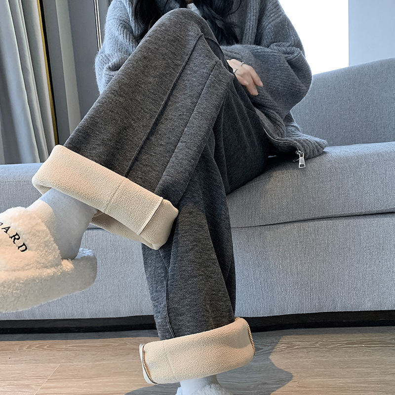 2025秋冬裏起毛厚手ソフトもち米素材ワイドレッグパンツ レディース ハイウエストストレートスポーツカジュアルゆったりロングパンツ 着痩せ効果