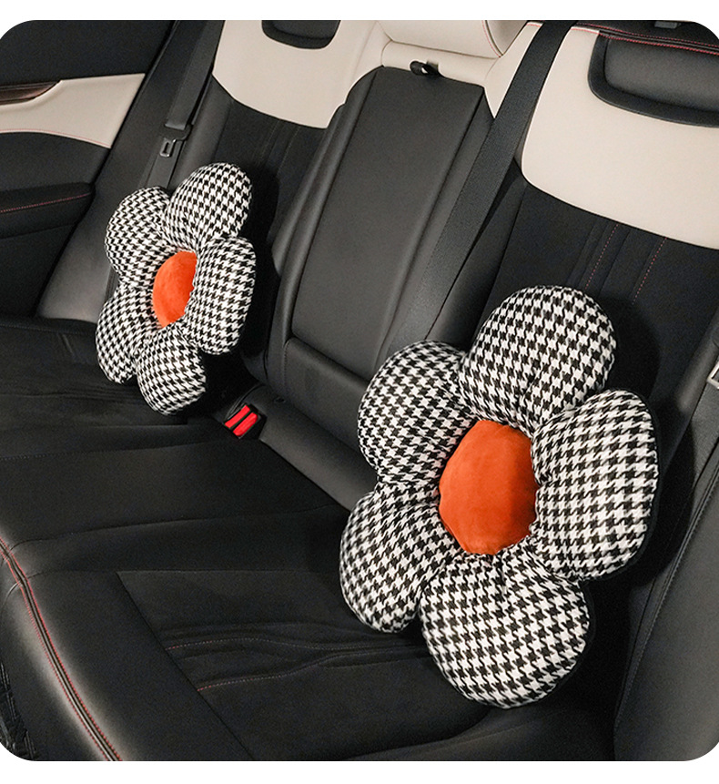 Houndstooth Floral Car Headrest and Lumbar Support Creative Car Seat Neck Pillow Cushion Trendy Car Interior Accessories