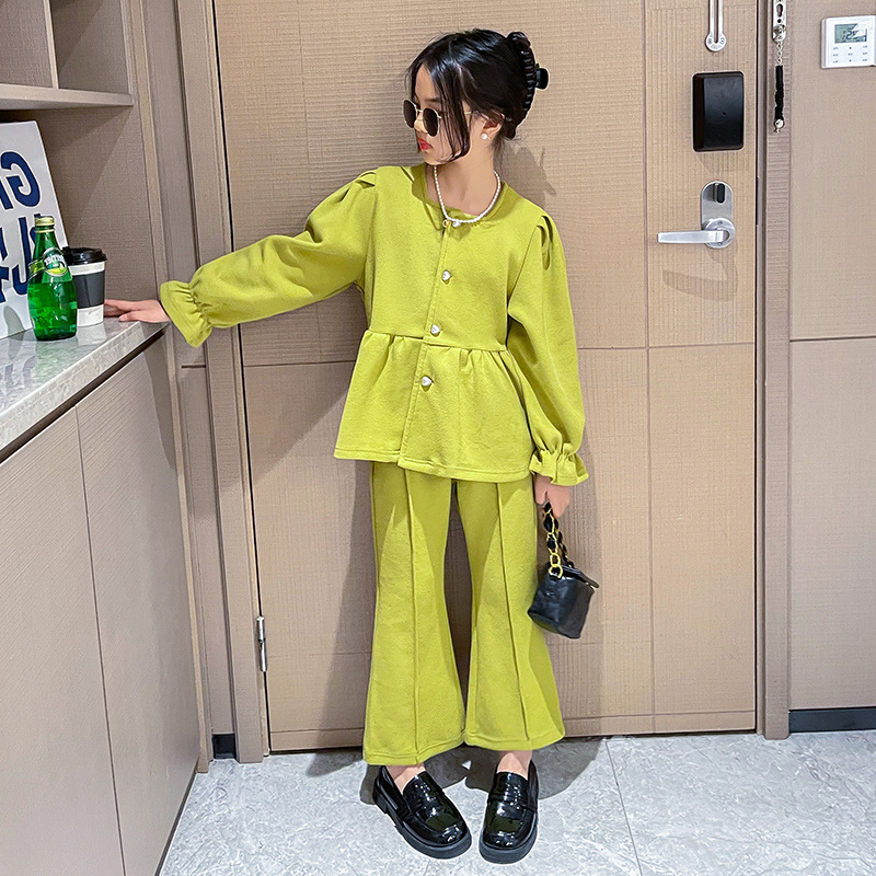 봄, 가을 여아 한복, 중년 이상 어린이 트렌디한 패셔너블 나팔탑과 캐주얼 팬츠 투피스 세트