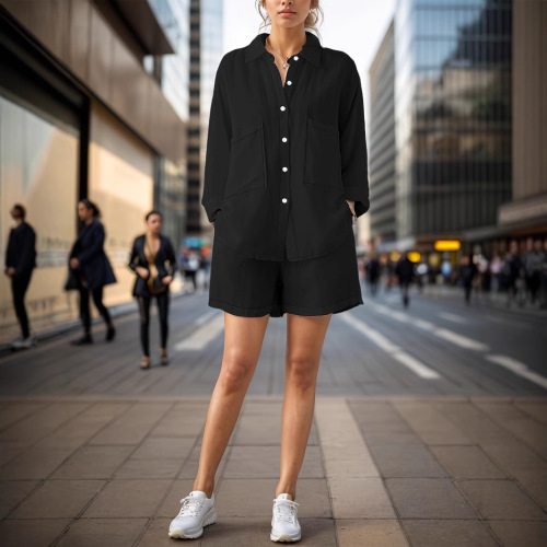 Women's casual loose short-sleeve single-breasted fashion solid color shirt