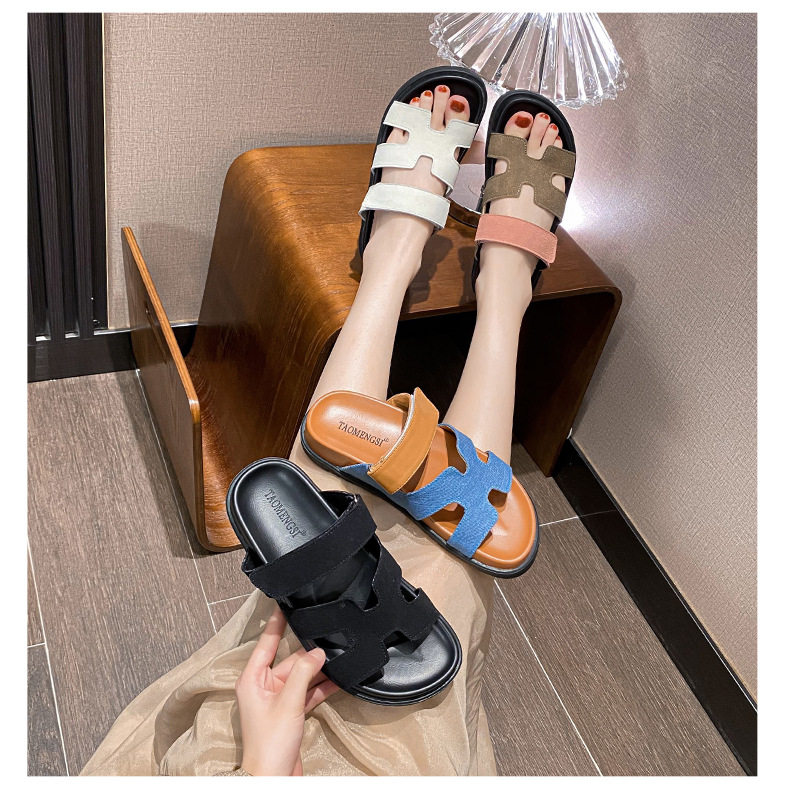 Dép sandal nữ quai ngang xỏ ngón đế dày, khóa dán tiện lợi, đi ngoài mùa hè — Màu trắng, Màu đen, Xanh denim phối nâu, Xanh mực ghép Hồng chi tiết 23