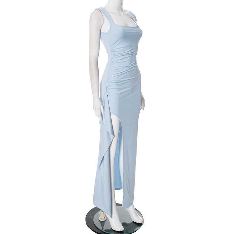 Women Clothing Spring Summer Solid Color Backless Pleated Tassel Split Dress Women