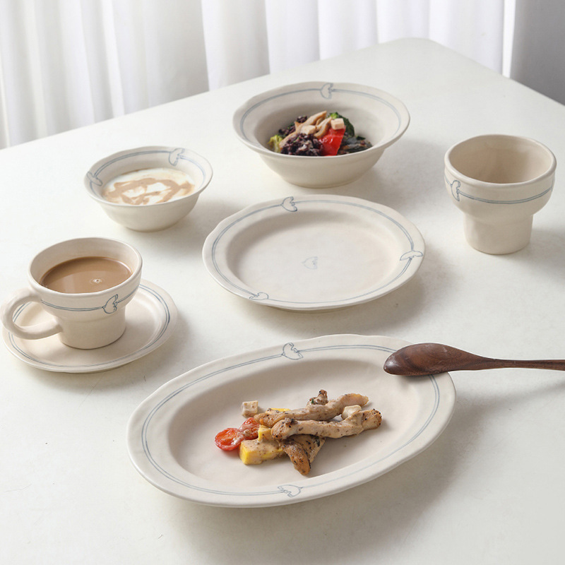 Japanese-Style Rustic Pottery Niche Design Hand-Painted Matte Double-Line Bird Ceramic One-Person Dining Set Underglaze Color