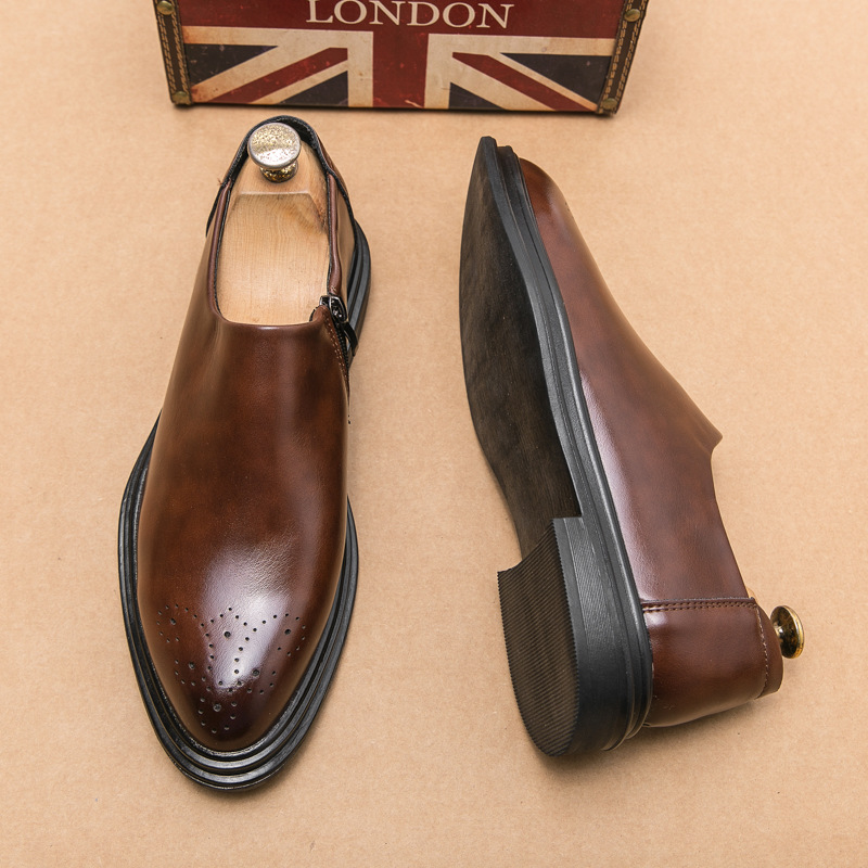 Estilo coreano de moda tallado zapatos de cuero puntiagudos de negocios de los hombres ropa formal perezoso slip-on zapatos de plataforma cremallera lateral zapatos de cuero Casuales