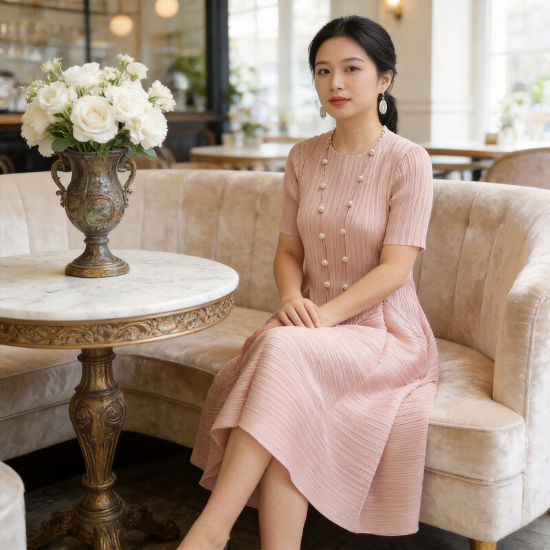 Lingying Pleated L237【In Stock】Simple Princess Dress A-Line Puffy Skirt Knee-Length Summer Daily Wear Age-Reducing and Tummy-Concealing Lingying Pleated L237【In Stock】Simple Princess Dress A-Line Puffy Skirt Knee-Length Summer Daily Wear Age-Reducing and Tummy-Concealing