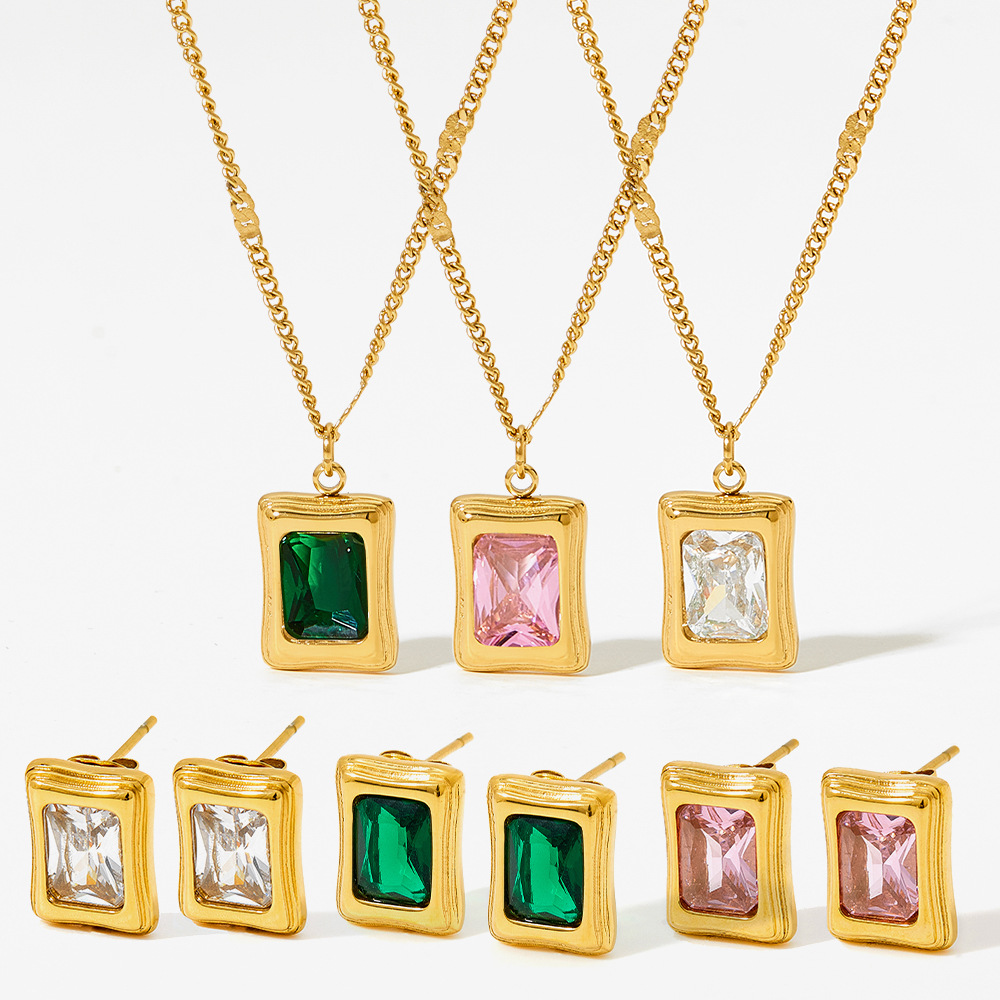 Fashion Geometric Stainless Steel Inlay Zircon Womenu0027S Earrings Necklace