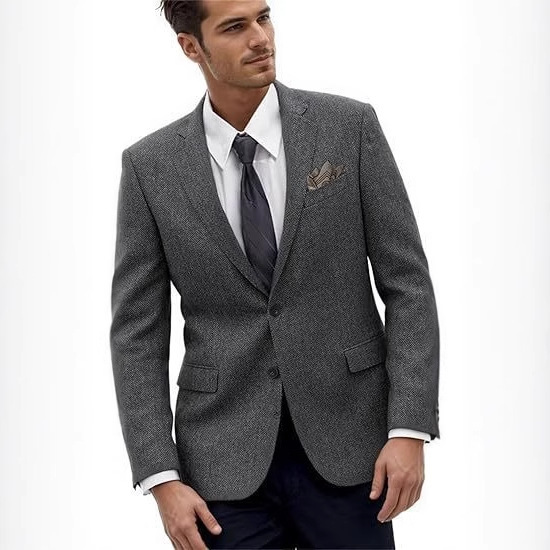 Vintage Herringbone Men's Blazer Tweed Slim-Fit Sports Jacket Prom Business Suit Casual Jacket
