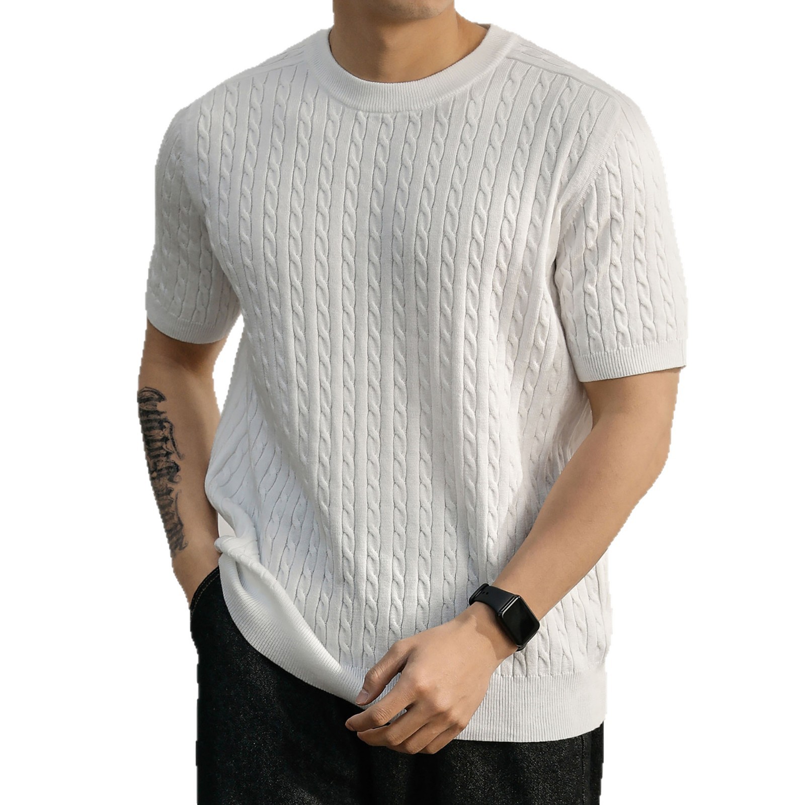 Camiseta de punto de manga corta camiseta de hombre torsión de flores verticales rayas viejas líneas de negocios de hielo de verano fábrica transfronteriza al por mayor
