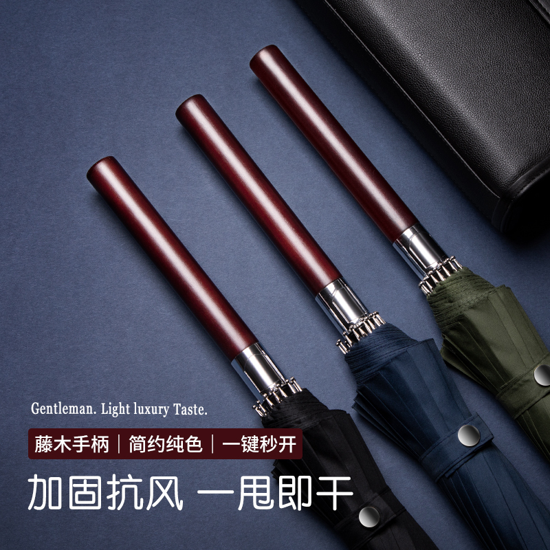 Automatic Wooden Long Handle Umbrella Men's Large Business Retro Thickened Strong Wind-resistant High-grade Double Umbrella for Home