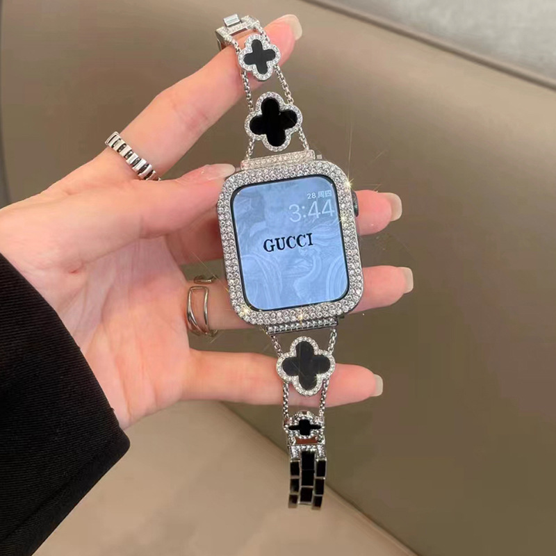Suitable for Apple Watch Se1-11 Generation Bracelet, Fashionable Diamond-Encrusted Four-Leaf Clover Metal Strap