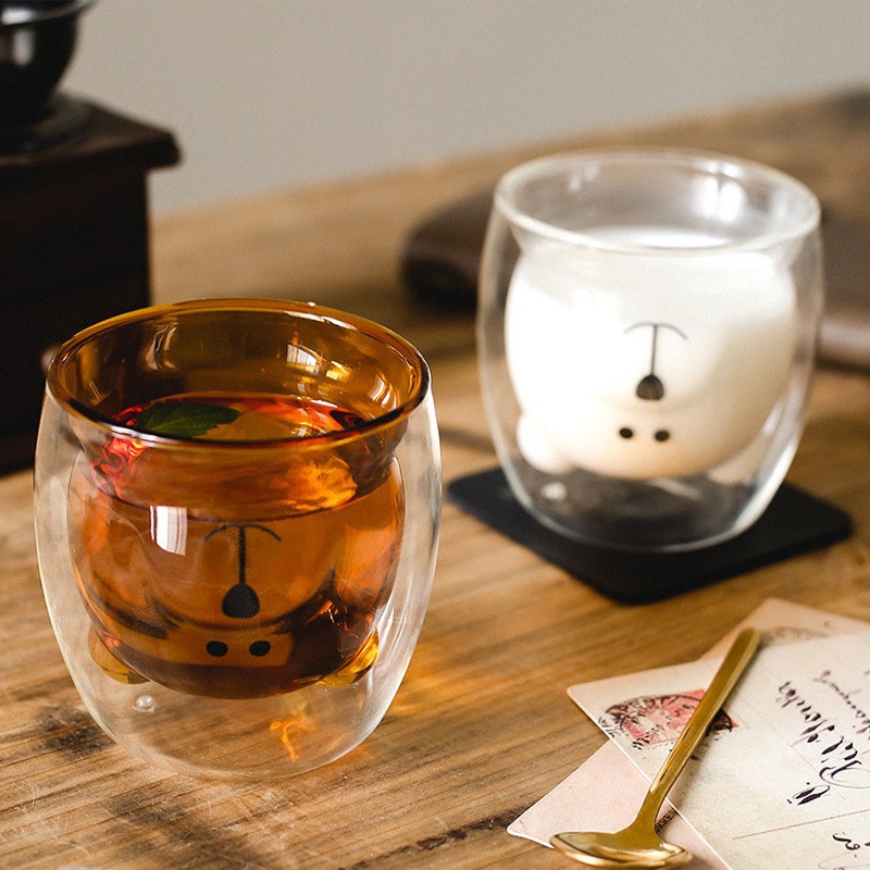 Taza de leche aislante de doble capa encantadora taza de oso de dibujos animados coloridos taza de café casero de alta borosilicina taza de jugo de frutas