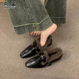 牛皮版粗跟复古风乐福单鞋女2026冬新款加绒毛毛鞋小皮鞋保暖棉鞋