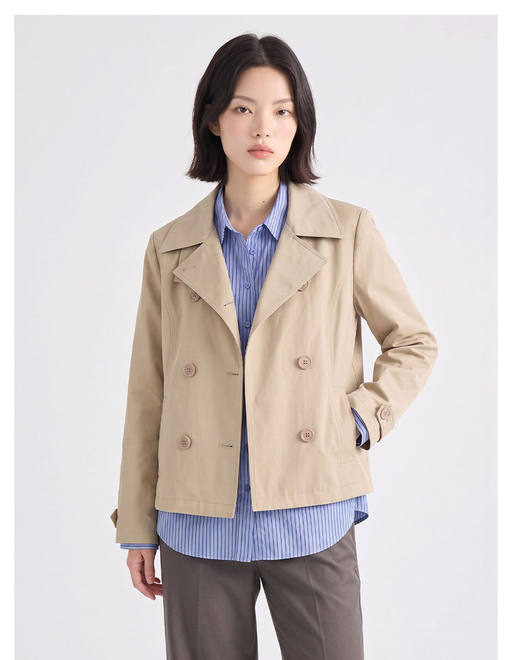 Áo khoác gió nữ dáng ngắn cổ vest to, phối cúc đôi — màu kaki chi tiết 9