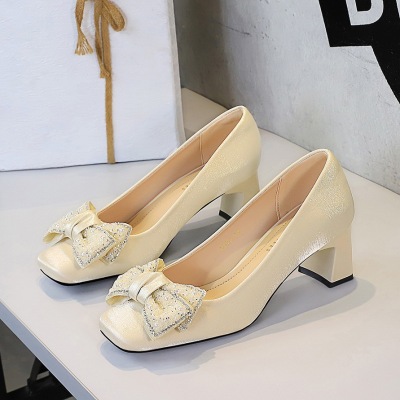 6293-H99 Korean Style Banquet Square Head Middle Heel Silk Diamond Bow Shallow Mouth Thick Heel Shoes Single Shoes Femal