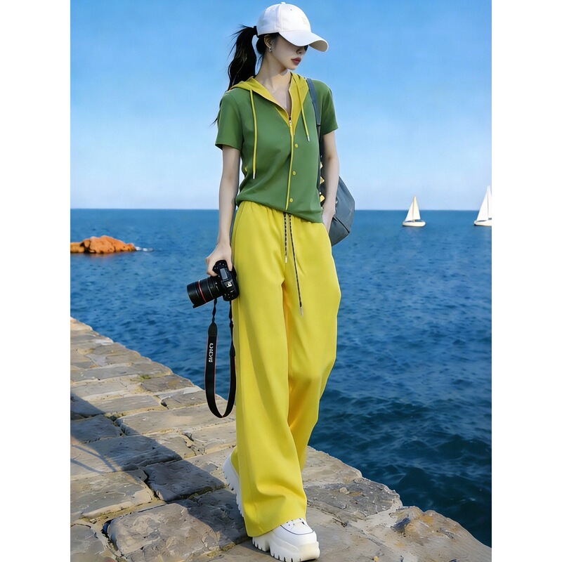Outlet Brand Clearance Discount Women's Summer Fashion Youthful Color-Blocking Short-Sleeve Wide-Leg Pants Casual Sports Two-Piece Set Outlet Brand Clearance Discount Women's Summer Fashion Youthful Color-Blocking Short-Sleeve Wide-Leg Pants Casual Sports Two-Piece Set