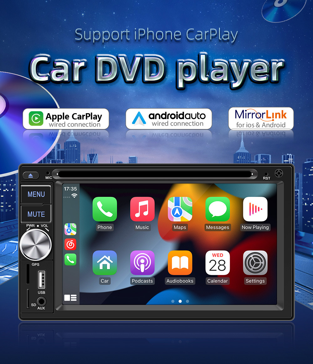 Wired Carplay 6.2inch Dual-Station Car Dvd Cd Bluetooth Mp5 Player Hd Reversing Image 12V