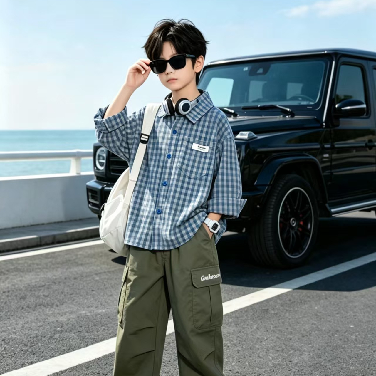 [Physical Quality] Autumn Children's Korean Style Fashion Retro Plaid Casual Lapel Long Sleeve Shirt Top