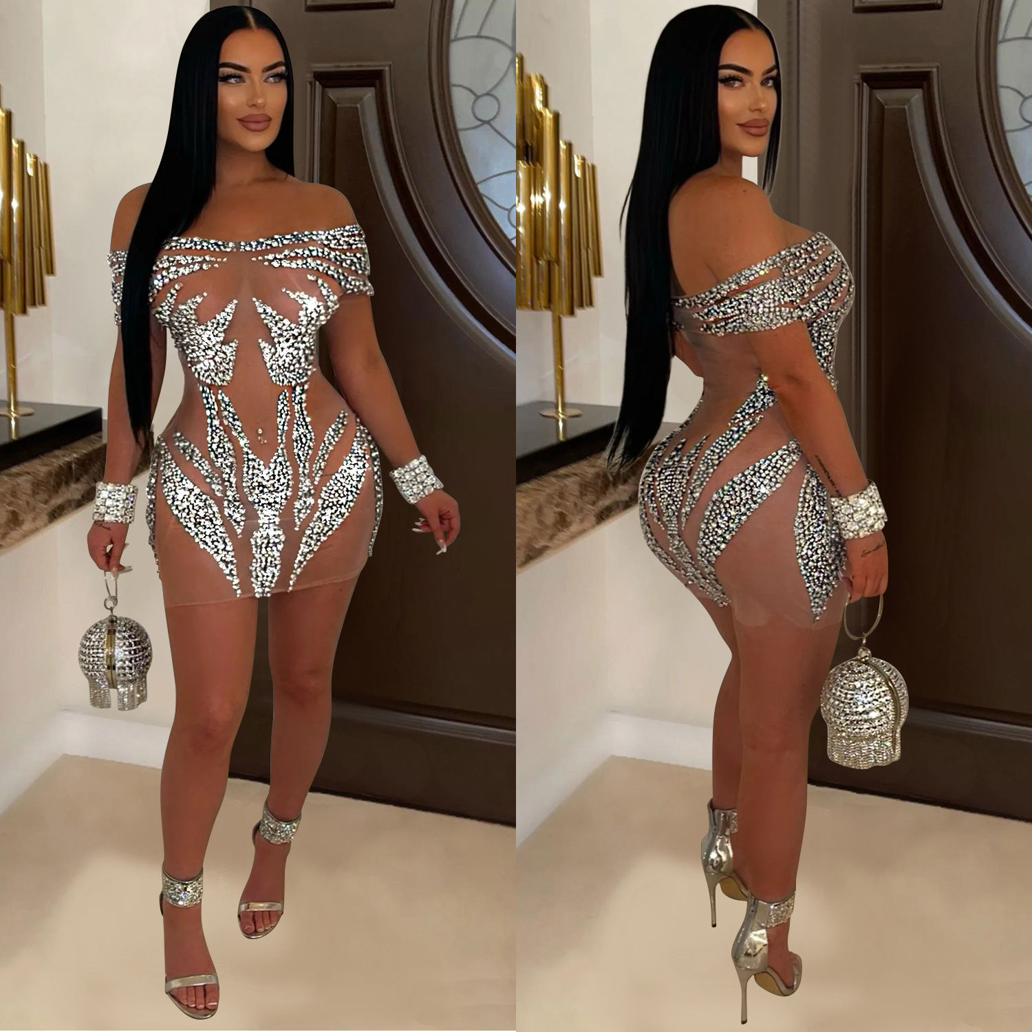 C6926 Aliexpress transfronterizo Amazon estación independiente de moda europea y americana ropa de mujer sexy perforación en perspectiva vestido corto