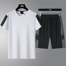 夏季男士冰丝运动休闲套装男圆领大码T恤速干潮流短袖短裤透气两
