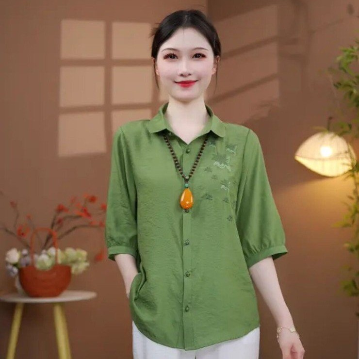 新款夏款气质刺绣翻领中袖T恤衬衫洋气减龄女装宽松薄款遮肉上衣|undefined