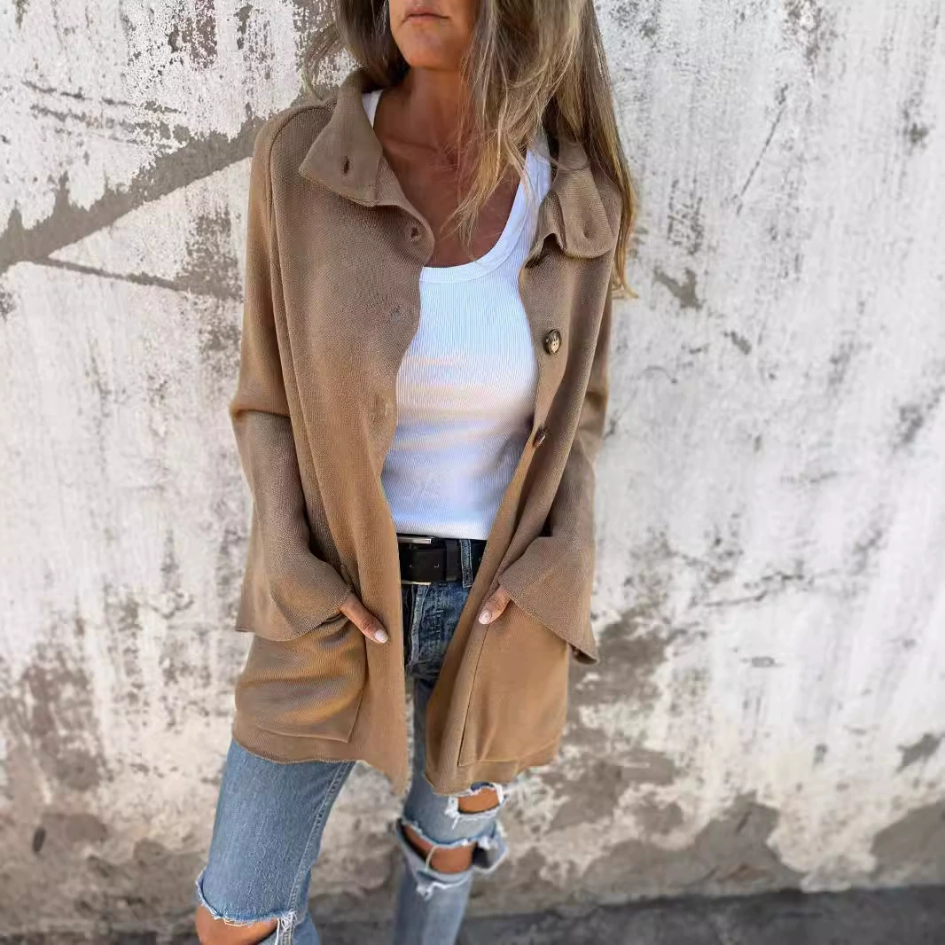 2024 осень и зима трансграничная новая женская одежда Европа и США Amazon отворот длинный рукав повседневный кардиган сплошной трикотажный куртка женский