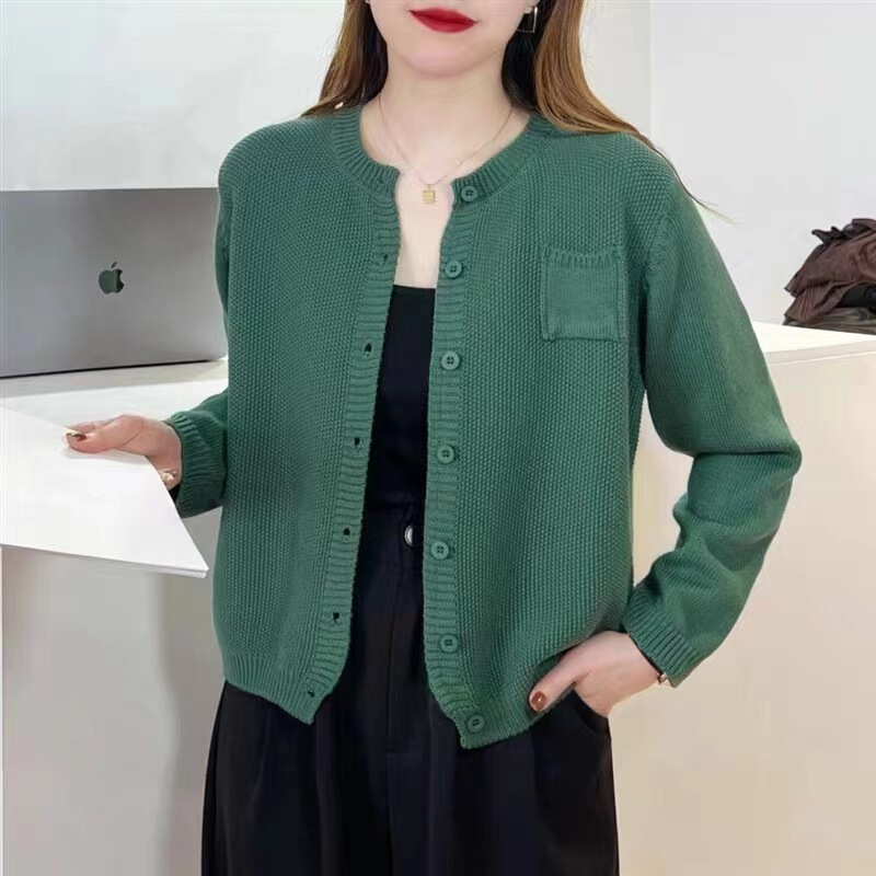 复古宽松女士开衫毛衣春秋季新款时尚洋气圆领单排扣长袖针织外套|undefined