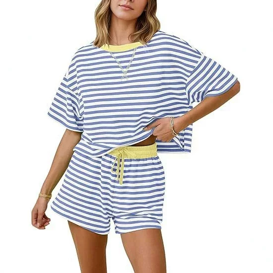 2025 Summer New European and American Style Striped Casual Suit for Women, Short-Sleeved Shorts Two-Piece Set with Drawstring, Loose-Fitting Loungewear