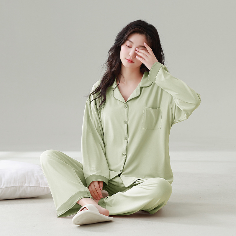 잠옷 여성의 새로운 [COOL COTTON] 긴 소매 바지 세트 옷깃 가슴 패드 솔리드 컬러 편안한 외부 착용 홈 의류 세트