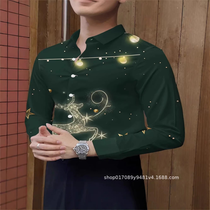 Cross-Border Men's Holiday Christmas Long-Sleeved Shirt Santa Claus Snowflakes and Candy Canes Holiday Casual Top Cross-Border Men's Holiday Christmas Long-Sleeved Shirt Santa Claus Snowflakes and Candy Canes Holiday Casual Top