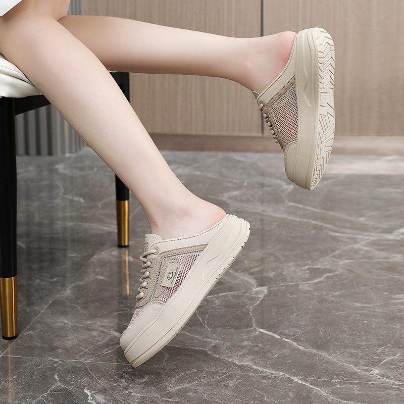 Rd1906 Nuevas zapatillas casuales de malla de media caña con suela gruesa transpirable y hueca de tendencia de verano que aumentan la altura_voghion.com