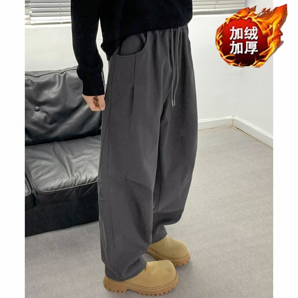 Three-Dimensional Cut Silhouette Scimitar Pants Men's Autumn and Winter 2025 Super Popular French Work Pants Fleece-Lined Loose American Casual Winter