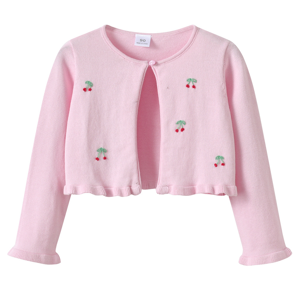 Cross-Border Spring and Autumn Round-Neck Ruffled Edge Girls' Knitted Cardigan Pure Cotton Hand-Crocheted Cherry Baby Sweater Shawl Wholesale