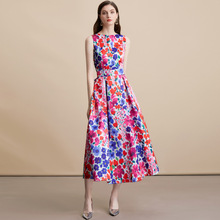欧美外贸气质女士连衣裙2025新款收腰显瘦无袖印花大摆蓬蓬礼服裙