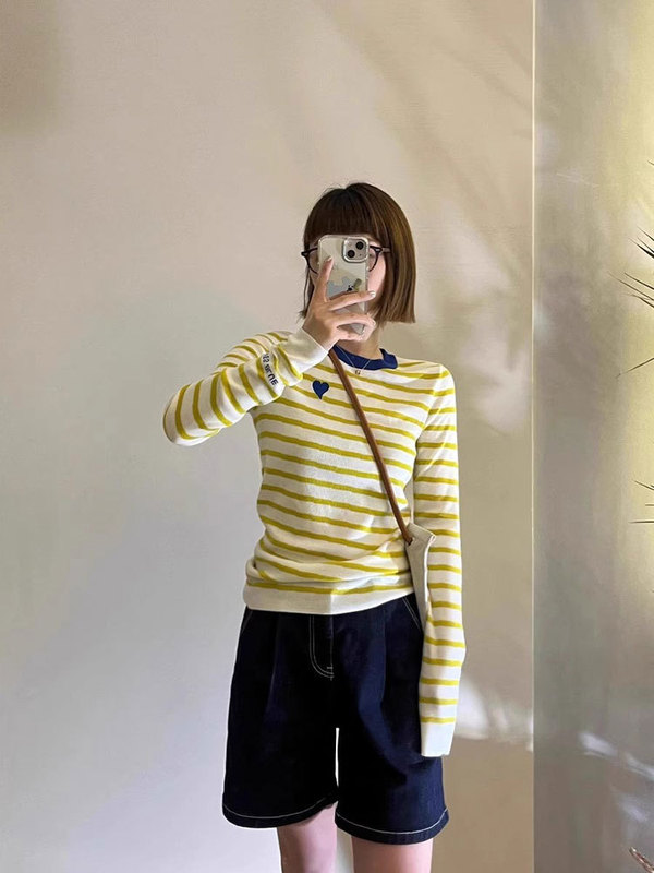 黄色条纹正肩内搭打底衫上衣女春秋季短款修身小个子针织长袖t恤|undefined