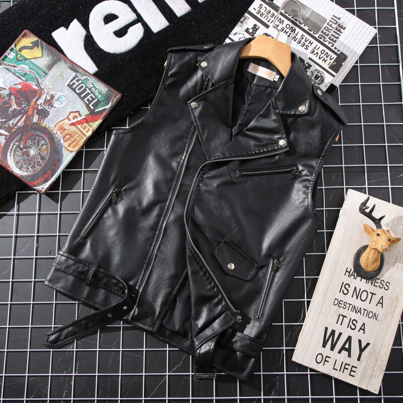 Men's Vest 2024 Spring and Autumn Sleeveless Motorcycle Style Pu Leather Suit Collar Punk Waistcoat with Belt Retro Style