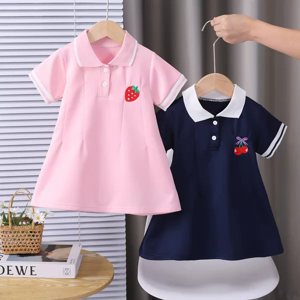 Girls' Summer Polo Dress, Preppy Style, Strawberry and Cherry Embroidery, Short-Sleeved, A-Line Dress for Girls Aged 1-5, Wholesale
