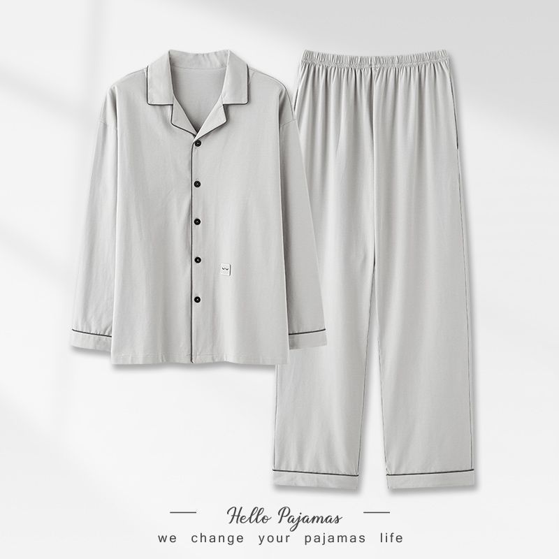 Pijamas de algodón para hombres primavera y otoño delgados de manga larga juveniles simple color sólido ropa de hogar grande