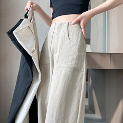 女性用イミテーションシルクとイミテーションリネンのハイウエストワイドレッグパンツ24夏薄いスリムで多用途なドレープコットンとリネンのスーツアイスシルク鎌パンツ