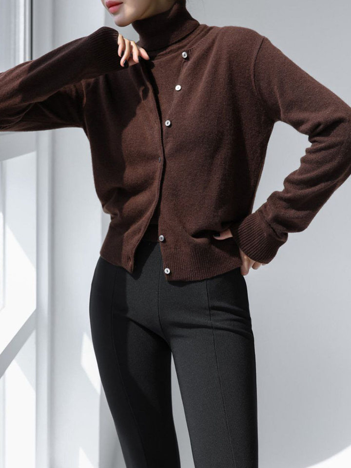 Bộ áo len dệt kim nữ cổ cao không tay kèm áo cardigan dáng suông — Áo vest màu nâu, Áo vest màu xám đậm, áo vest màu vàng, áo vest màu xanh chi tiết 70