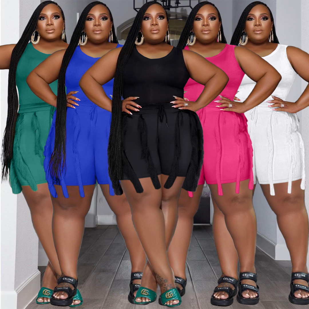 Women's Clothing Two-piece Set with Tassel Shorts, Sleeveless Casual Suit, Sports Large Size Two-piece Set_voghion.com