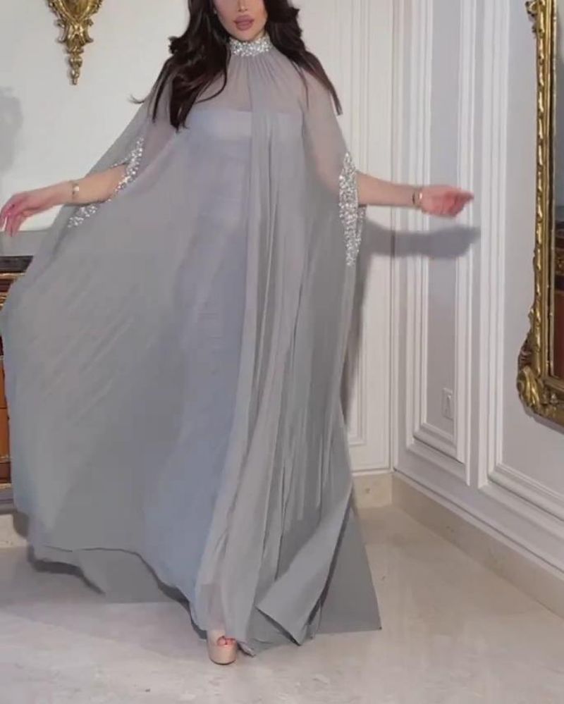 Temperament Sexy Cape Beads Chiffon Banquet Evening Dress Two-piece Set_voghion.com