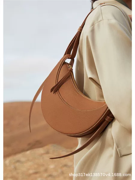 French polene Niche Shoulder Crossbody Bag Women's Litchi Pattern Crescent Bag Paris Genuine Leather Underarm Bag Saddle Bag